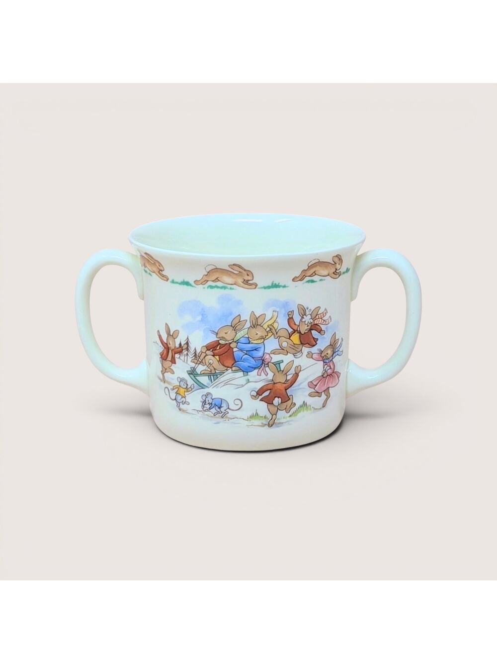 1984 Royal Doulton Bunnykins Sledding 2 Handled Mug